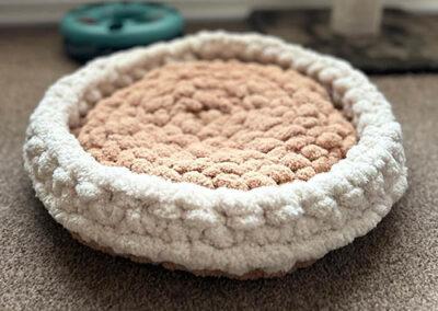 Camel pet bed with cream trim